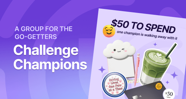 Promotional graphic for Challenge Champions, a community for ambitious students focused on career discovery and personal growth. The design features a 50 dollar prize, illustrated rewards, and the text "one champion is walking away with it," encouraging participation in challenges that help students explore interests and build career readiness.