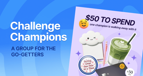 Promotional graphic for a K-12 career exploration website featuring the headline “Challenge Champions” and the text “A group for the go-getters” on a blue background. A tilted card on the right shows “$50 TO SPEND” with the text “one champion is walking away with it” beside illustrated school and lifestyle items including a green matcha drink, notebook, pencil, sticker, and smiling cloud character.