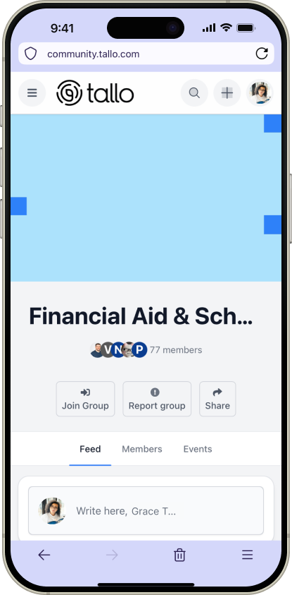Mobile phone with Tallo's Community Page open