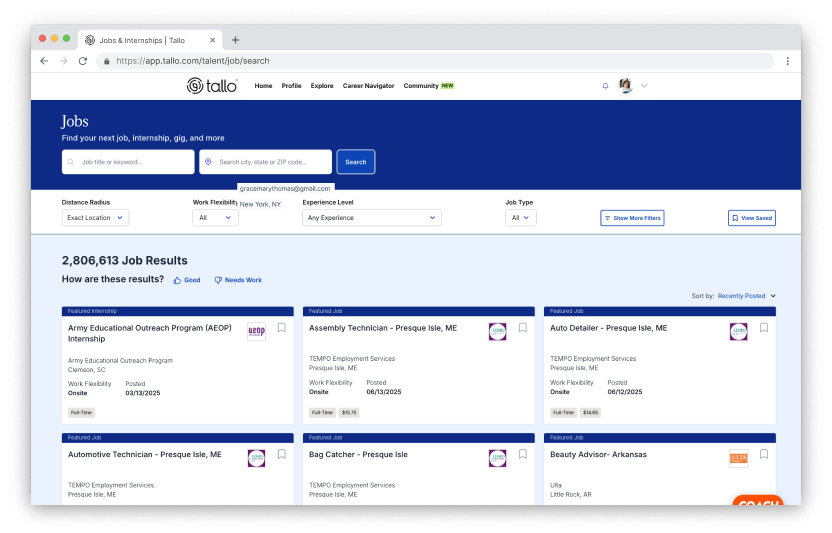 Browser screen of Tallo's Job Search Page