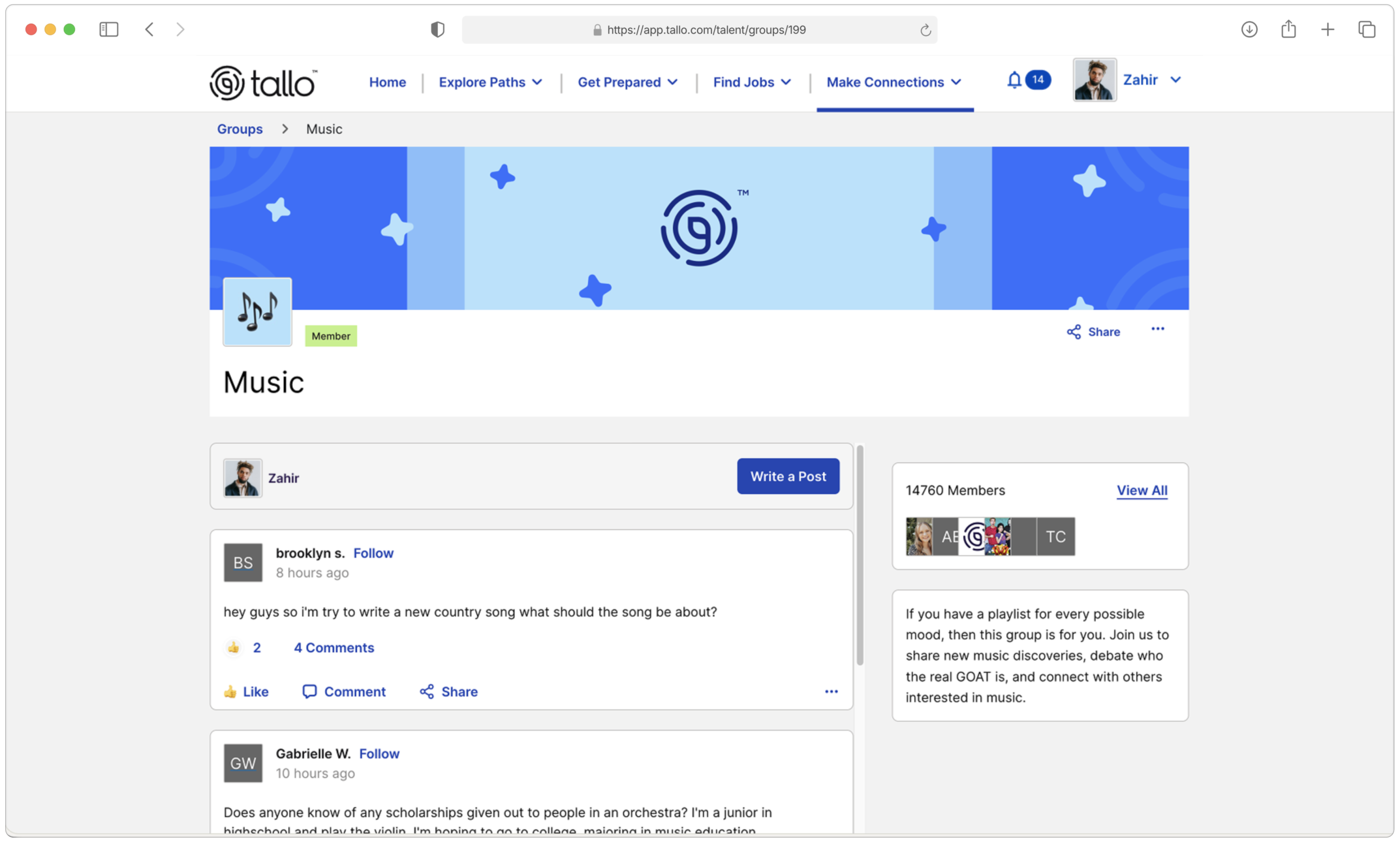 Screenshot of the Tallo Music community page showing a blue-themed banner with music notes and stars, a “Member” badge, and posts from users discussing music-related topics.