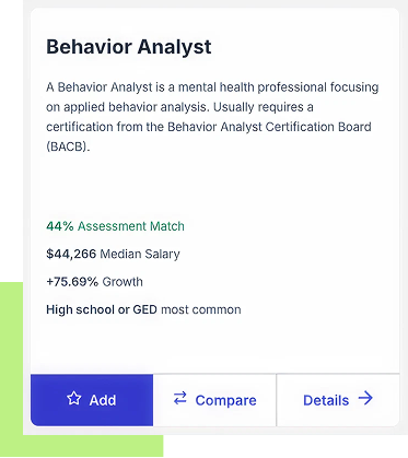 BehavorialTherapistCard Screenshot of Career Navigator Card details of Behavorial therapist role