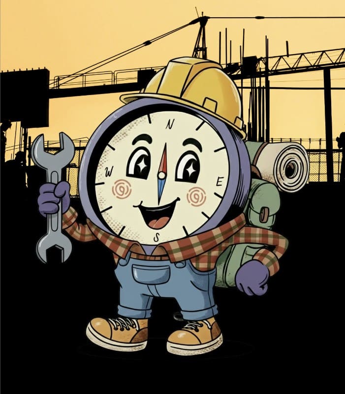 Cal, Tallo's compass mascot, in a hard hat, flannel shirt, and overalls, holding a wrench in front of a construction site