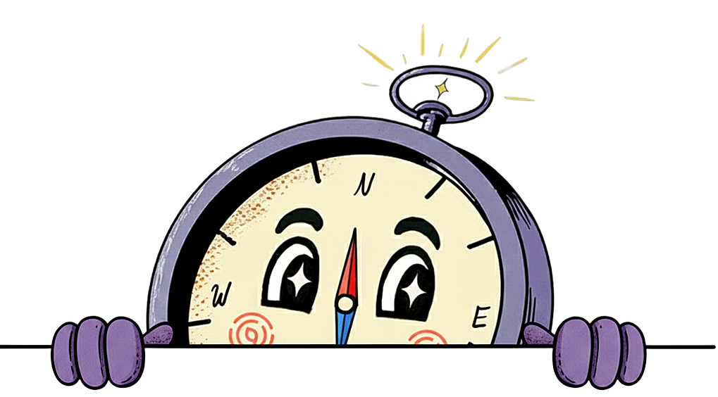 Cal, Tallo's compass mascot, peeking over a horizon line with both hands gripping the edge, sparkly eyes, and a lightbulb-like glint above.