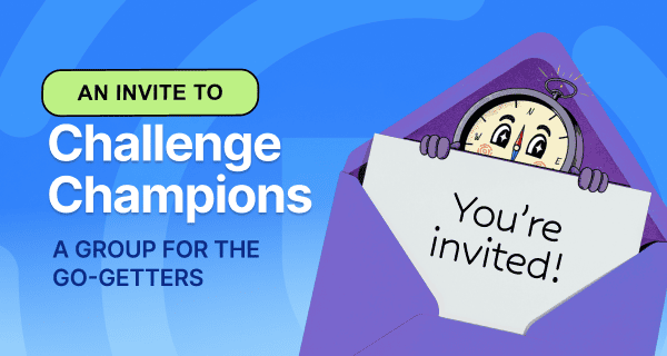 Promotional graphic for a career discovery community featuring an invitation to "Challenge Champions." A smiling compass character peeks out from a purple envelope holding a card that reads "You're invited!" Text on the graphic says "An Invite to Challenge Champions" and "A Group for the Go Getters," highlighting recognition for participants who stand out in career discovery challenges.