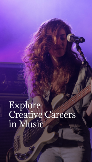 Young musician playing an electric bass guitar on stage under purple lighting with text reading "Explore Creative Careers in Music," illustrating career exploration in music through live performance.