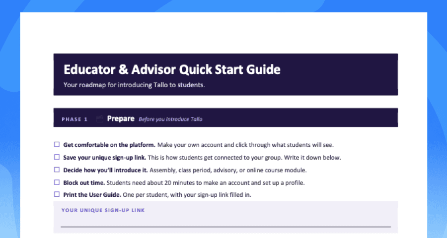 Educator & Advisor Quick Start Guide cover, a checklist for introducing Tallo to students, covering account setup, sign-up links, and a printable user guide
