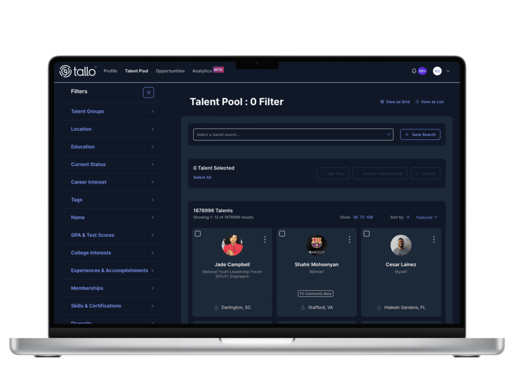 Laptop with Tallo™ Portal for Employers to search through our comprehensive talent pool