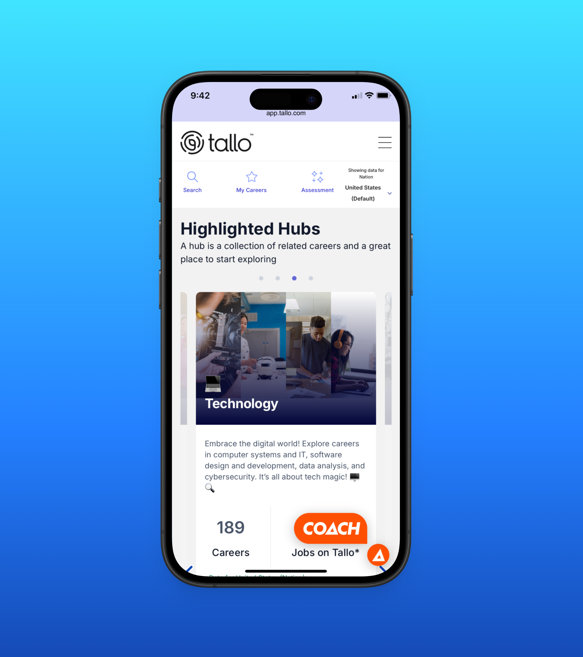 A smartphone displaying the Tallo app open to the "Highlighted Hubs" section, featuring a technology career hub with images of people working in tech environments. The screen shows 189 technology-related careers and a description encouraging users to explore IT, software, data analysis, and cybersecurity fields.