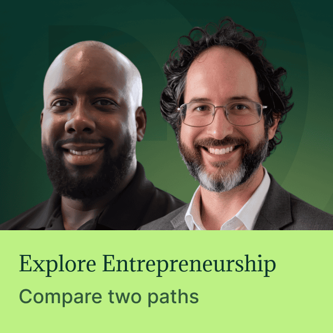 Two smiling founders against a dark green background with a bright green lower banner that reads "Explore Entrepreneurship: Compare two paths." This graphic focuses on career discovery, exploration, and navigating the choices of becoming an entrepreneur or a freelancer.