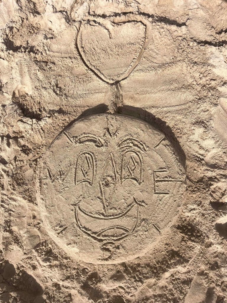 Tallo's mascot, Cal, drawn in sand.