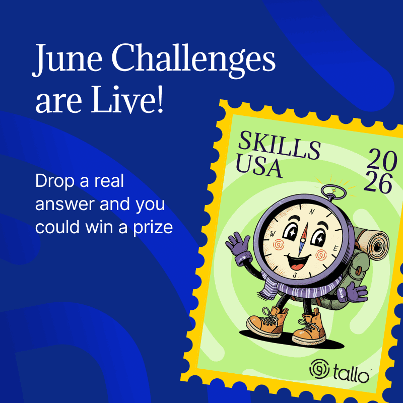 Promotional graphic for a career discovery platform announcing "June Challenges are Live." Blue background with text reading "Drop a real answer and you could win a prize." A postage stamp style illustration shows a smiling compass character with a backpack and hiking gear beside the text "SkillsUSA 2026" and the Tallo logo.