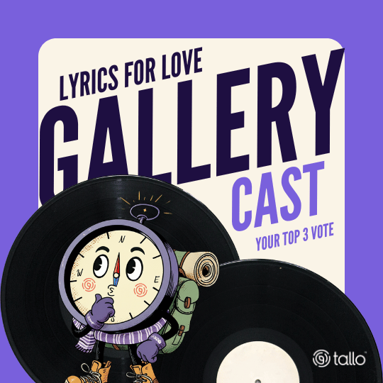 Close up illustration of a Tallo's mascot compass character standing between two black vinyl records against a purple background. The graphic reads Lyrics for Love Gallery Cast Your Top 3 Vote in bold lettering, promoting a music themed voting campaign. Cal wears a backpack and boots, adding a playful adventurous feel to the promotional design.