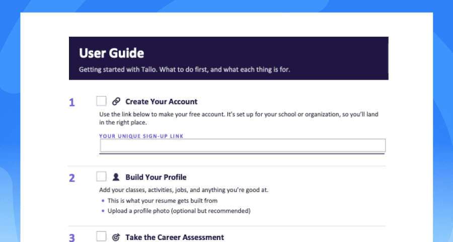 Tallo User Guide cover with steps to create an account, build a profile, and take the career assessment