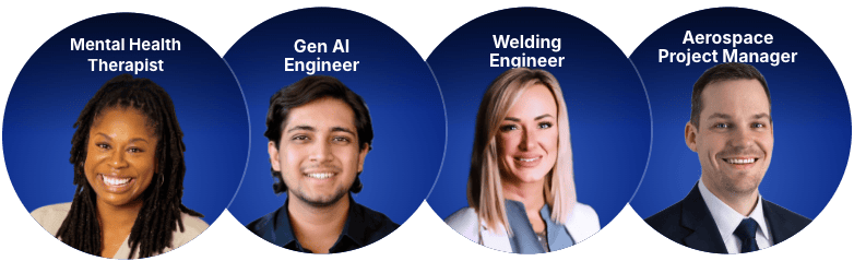 Four professionals shown in circular portraits against a blue background representing different career paths for career discovery. The image includes a Gen AI Engineer, Mental Health Therapist, Welding Engineer, and Aerospace Project Manager to showcase diverse career exploration opportunities.