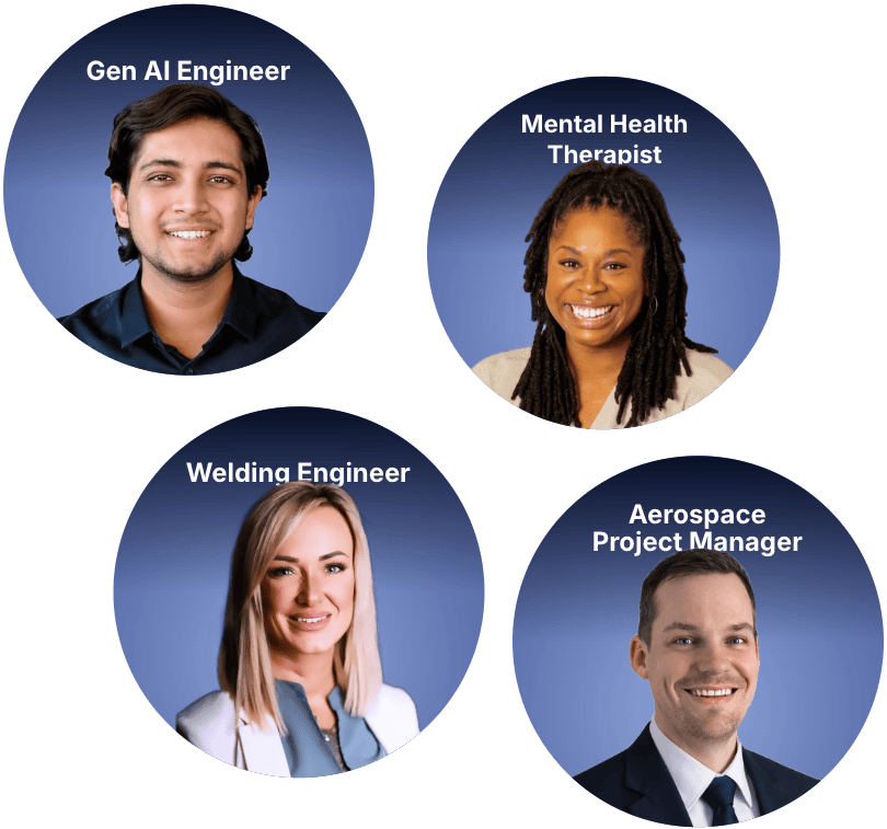 Four professionals shown in circular portraits against a blue background representing different career paths for career discovery. The image includes a Gen AI Engineer, Mental Health Therapist, Welding Engineer, and Aerospace Project Manager to showcase diverse career exploration opportunities.