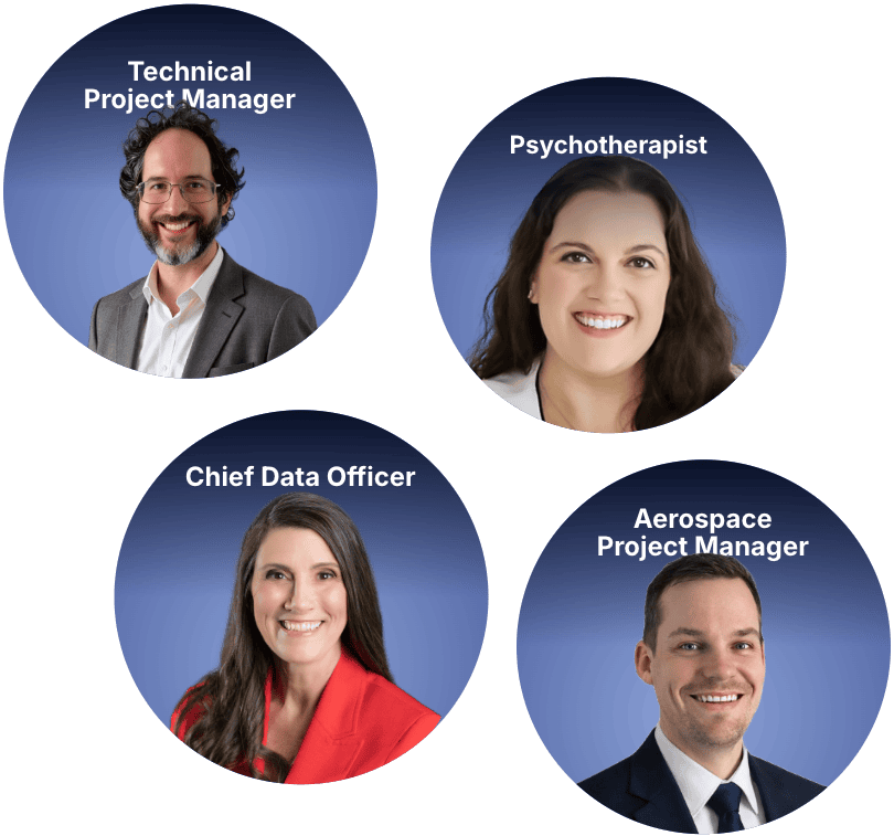 headshots labeled “Technical Project Manager,” “Psychotherapist,” “Chief Data Officer,” and “Aerospace Project Manager”