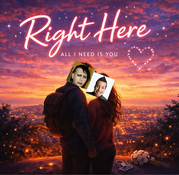 Song cover showing a couple standing hand in hand on a hill overlooking a glowing city at sunset, with pink and orange clouds filling the sky. The title Right Here appears in large neon style script at the top with the subtitle All I Need Is You beneath it, and a heart shape made of small lights glows in the sky. The warm city lights and intimate pose emphasize a love story centered on connection and devotion.