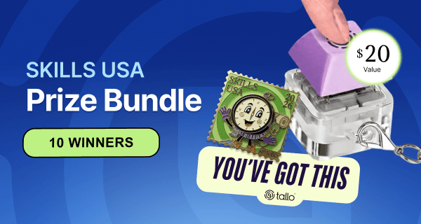 Promotional graphic for a career discovery challenge featuring a SkillsUSA prize bundle. A hand places a ticket into a raffle box beside a SkillsUSA stamp illustration and a badge reading "$20 Value." Text on the graphic says "Skills USA Prize Bundle," "10 Winners," and "You've Got This," highlighting a reward opportunity for participants exploring career discovery activities through Tallo.