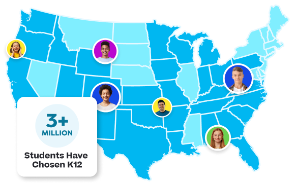 Map of the United States with student profile photos displayed across different regions and a callout that reads "3+ Million Students Have Chosen K12."