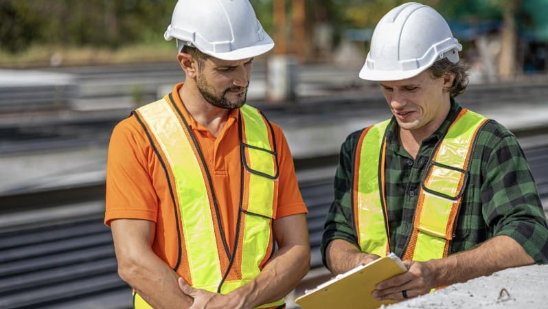 Two construction workers in hard hats and safety vests reviewing a clipboard together on a job site.