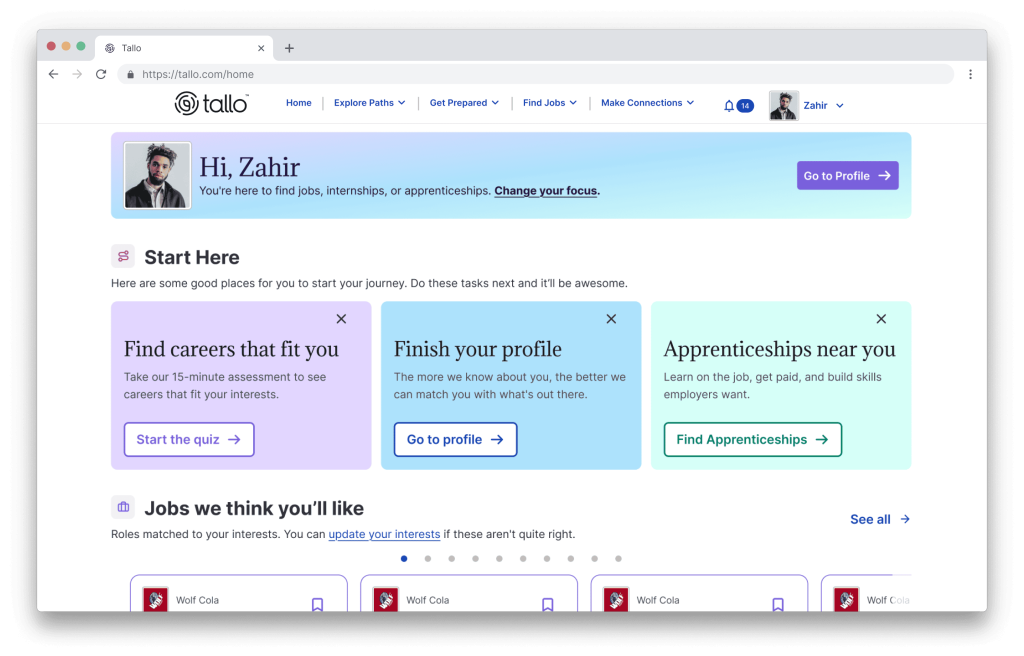 Tallo dashboard homepage showing personalized greeting for user Zahir, with three task cards below: "Find careers that fit you," "Finish your profile," and "Apprenticeships near you."