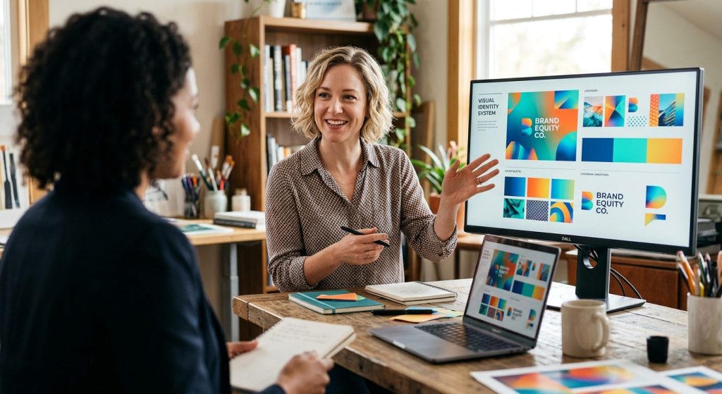 a freelance graphic designer presenting a brand deck to a client