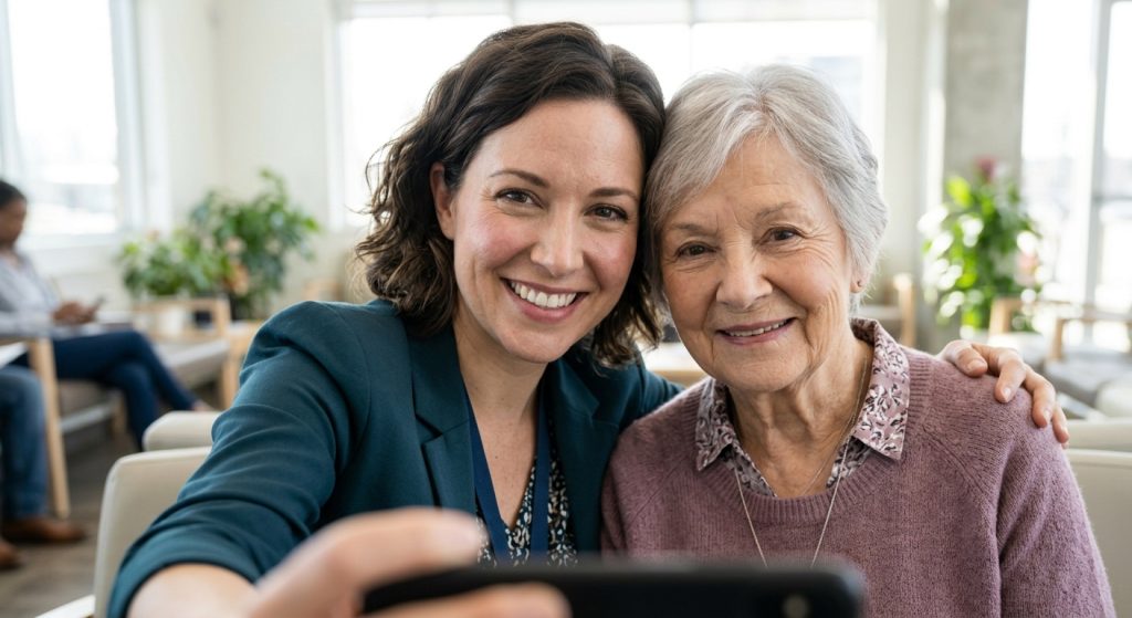 a health care social worker taking photos for social media