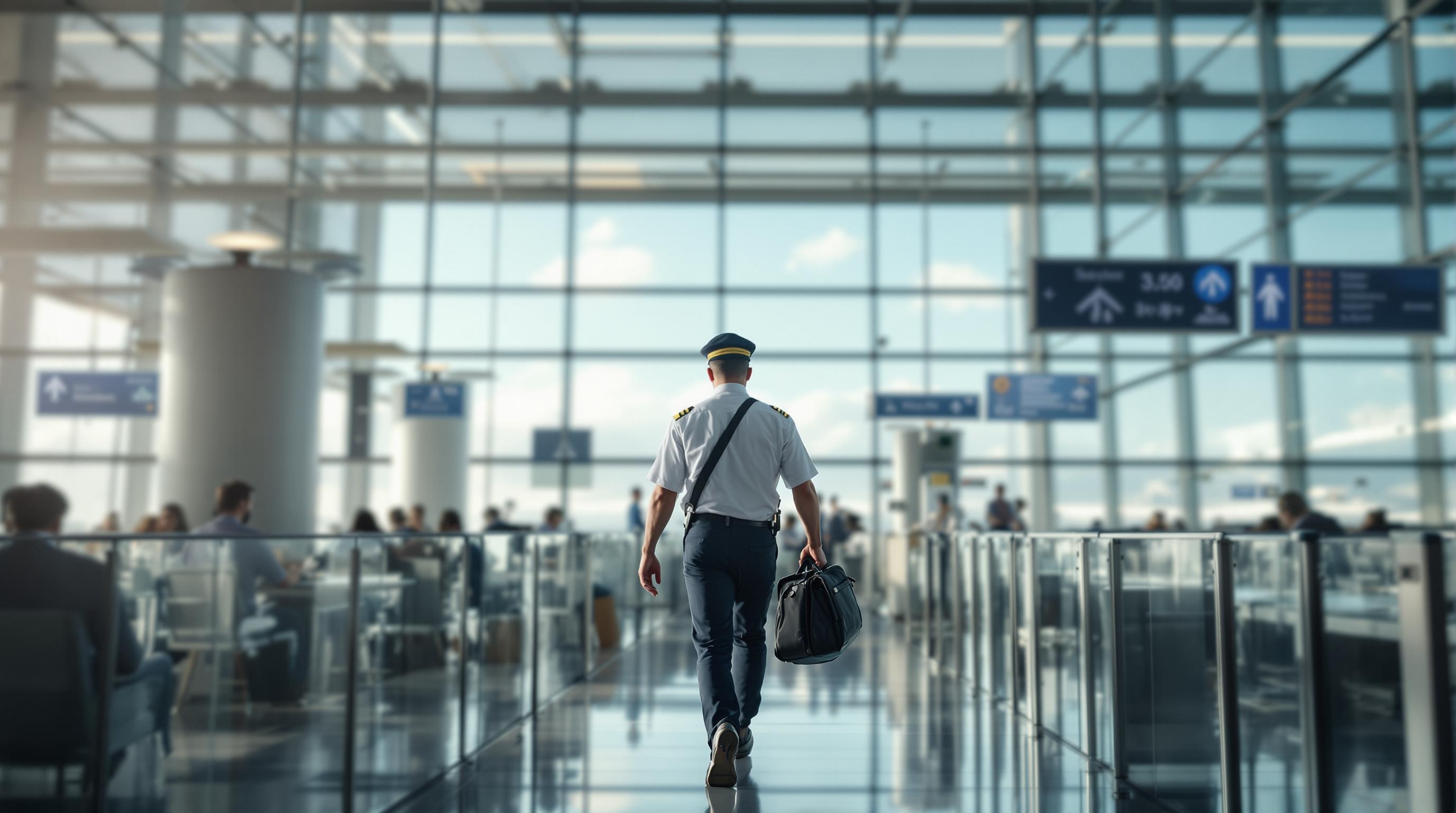 a pilot walking through an airport earning $150K per year