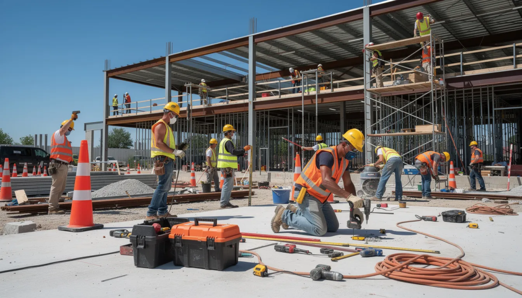 The image depicts construction workers actively engaged on a commercial building site, equipped with various tools and wearing safety gear. This scene highlights the importance of skills and safety in the construction industry, showcasing a diverse group of individuals committed to their careers.