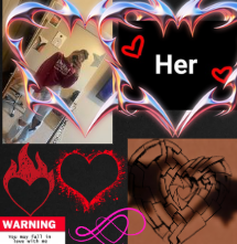 Collage of four love themed graphics including a heart shaped photo of a couple indoors outlined in neon pink and blue light effects. A black heart with the word Her in white text and red doodle hearts appears beside red and pink heart illustrations including one labeled Warning and a brown hand gesture forming a heart shape. The overall image has a romantic and edgy aesthetic with bold colors and glowing accents.
