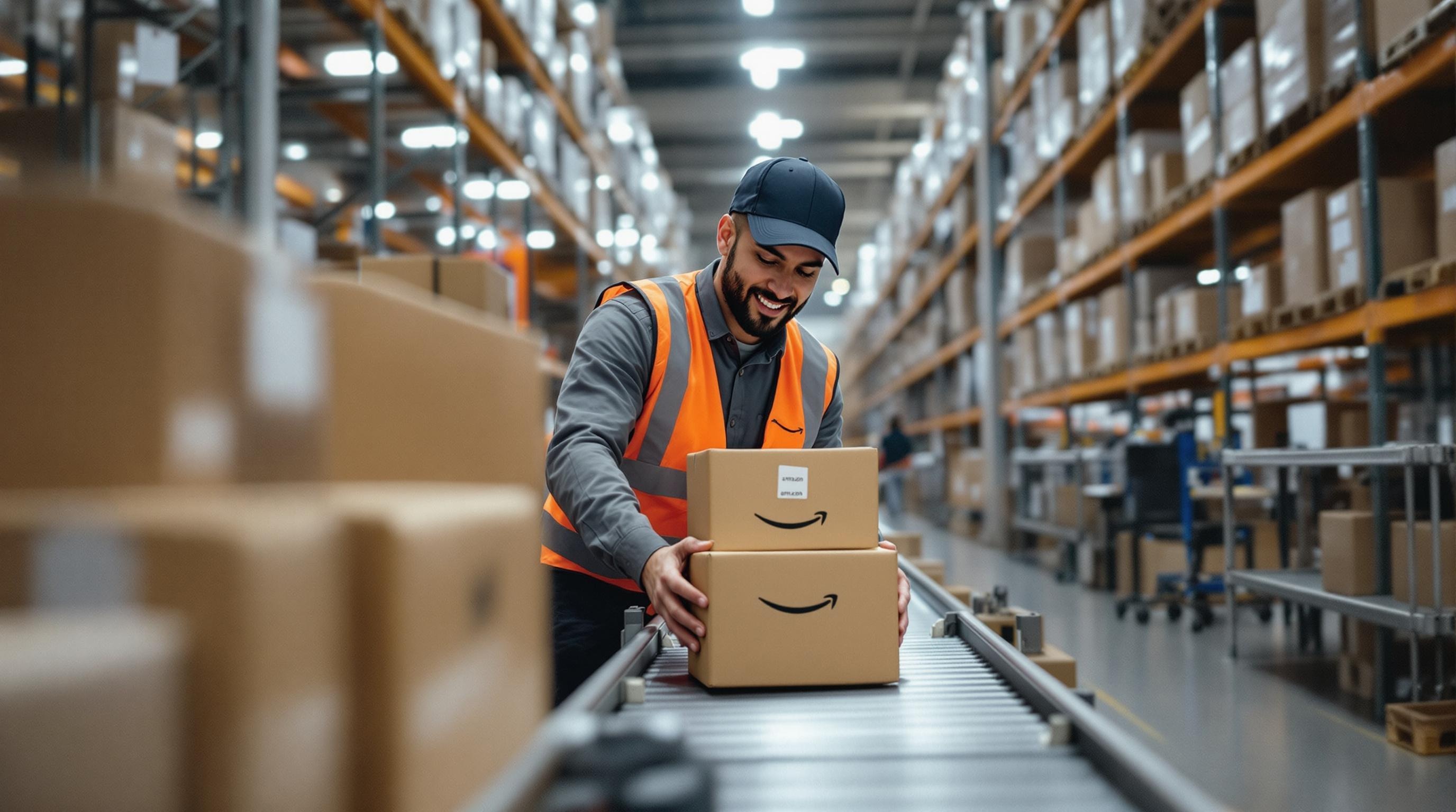 Amazon warehouse associates working together to load packages onto a conveyor belt.
