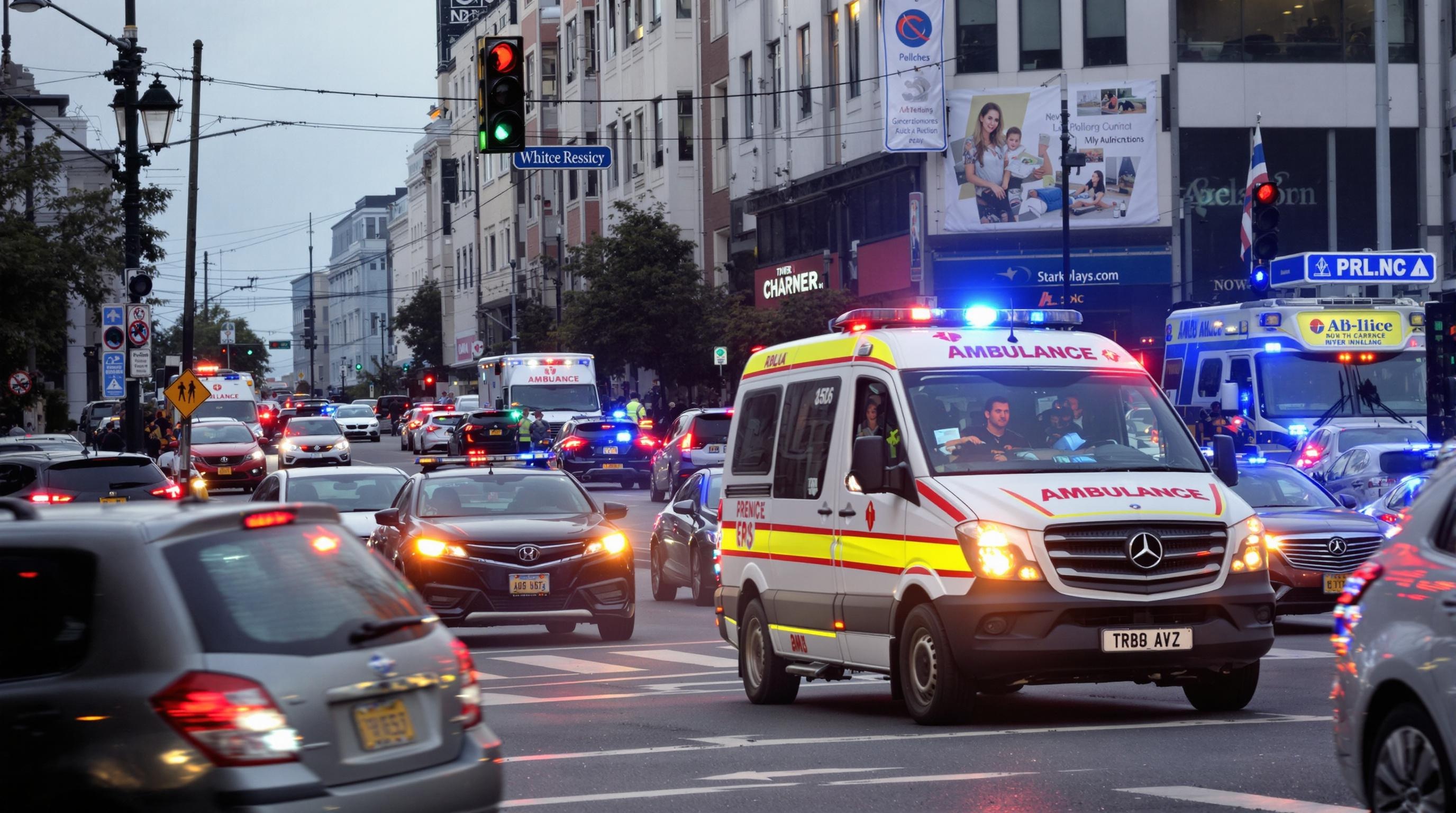 An ambulance with flashing lights and sirens navigating through congested traffic on a busy street.