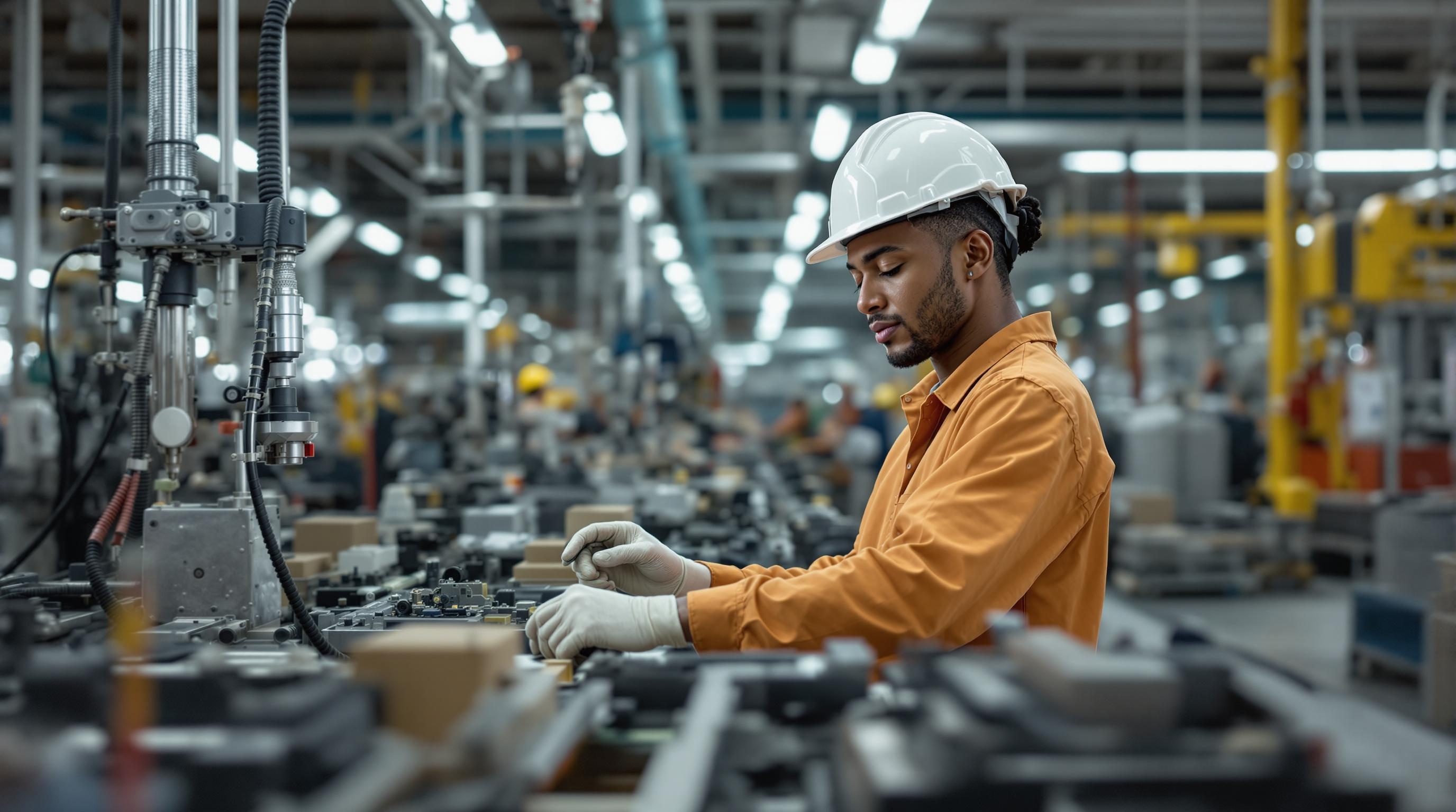 A candid shot of a an assembler collaborating in a factory setting.