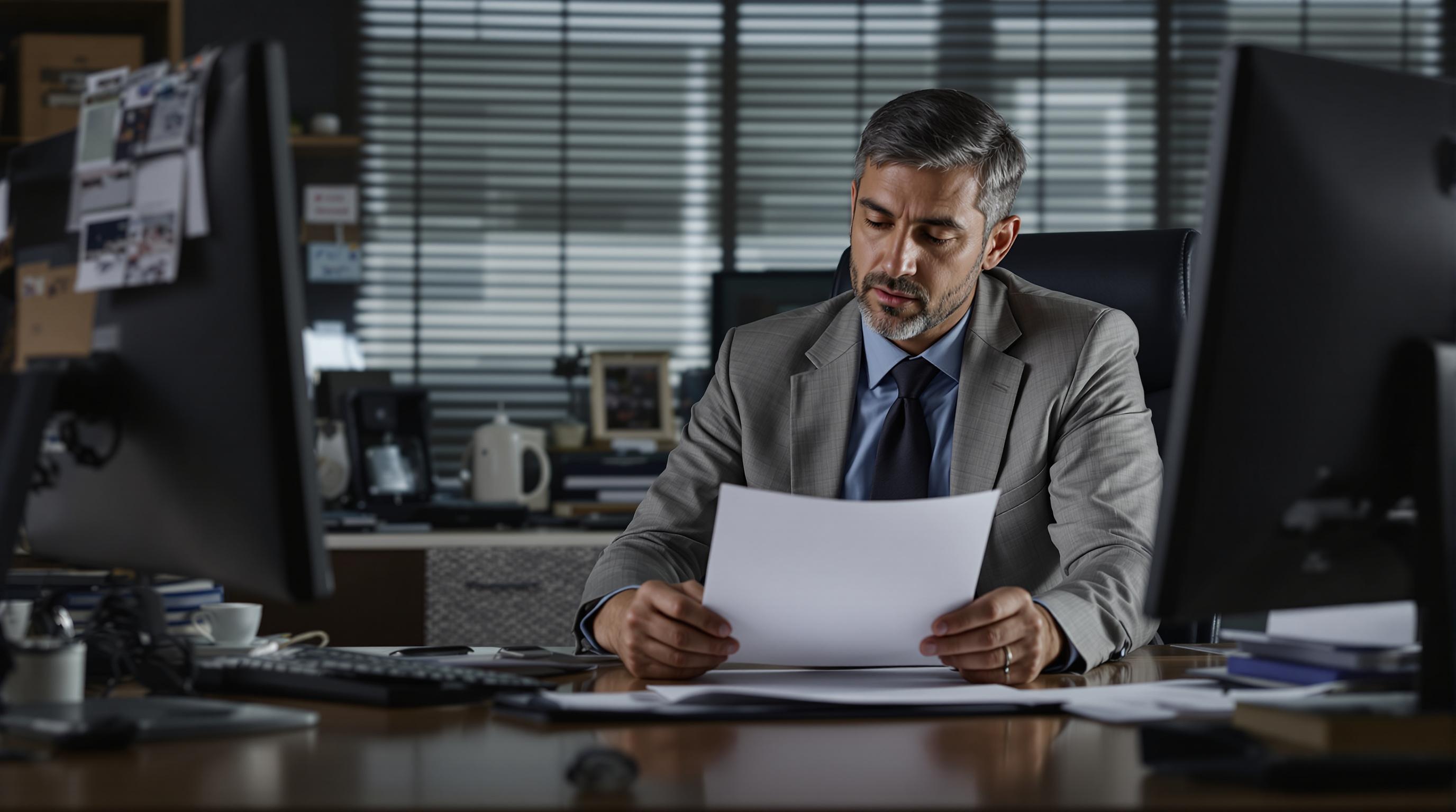 Bail Bondsman Reviewing Bond Papers at Desk Bail bondsman sitting at a desk, carefully reviewing bond papers with a focused expression.