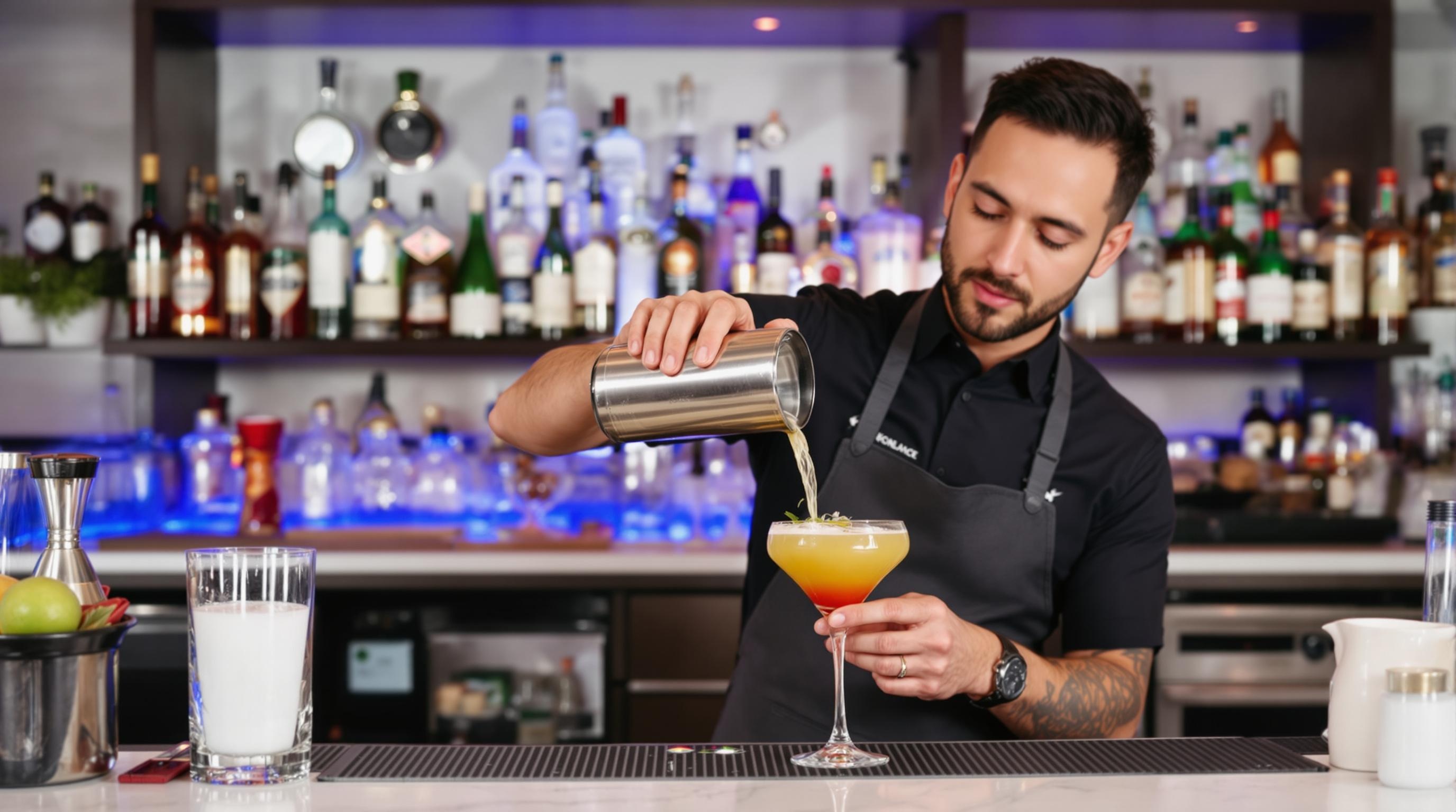 A bartender expertly pouring a cocktail behind a clean and organized bar area.