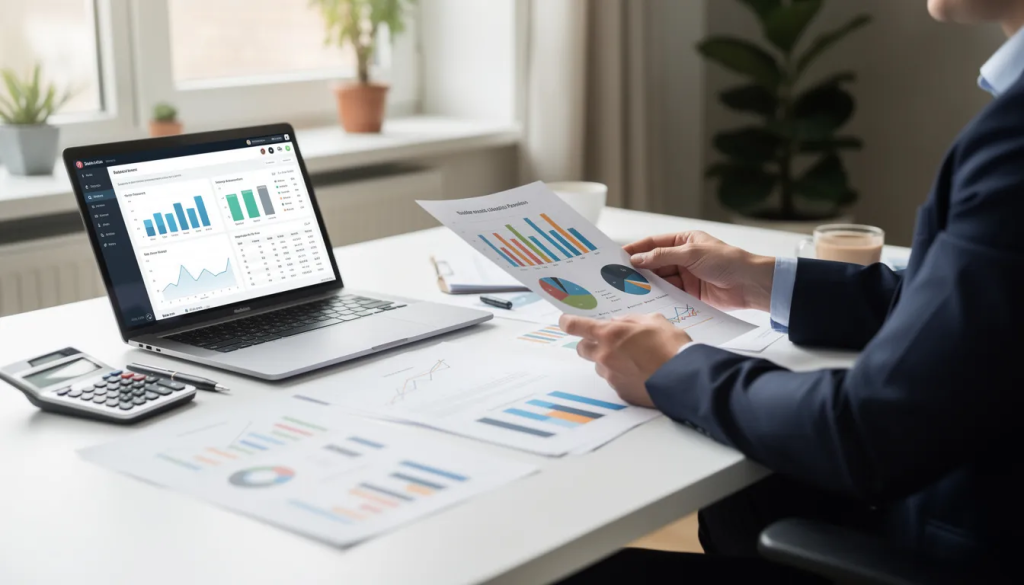 A person is sitting at a desk, intently reviewing financial documents and charts, highlighting their focus on important data and results. This scene reflects the skills and qualifications necessary for career development in the finance industry.