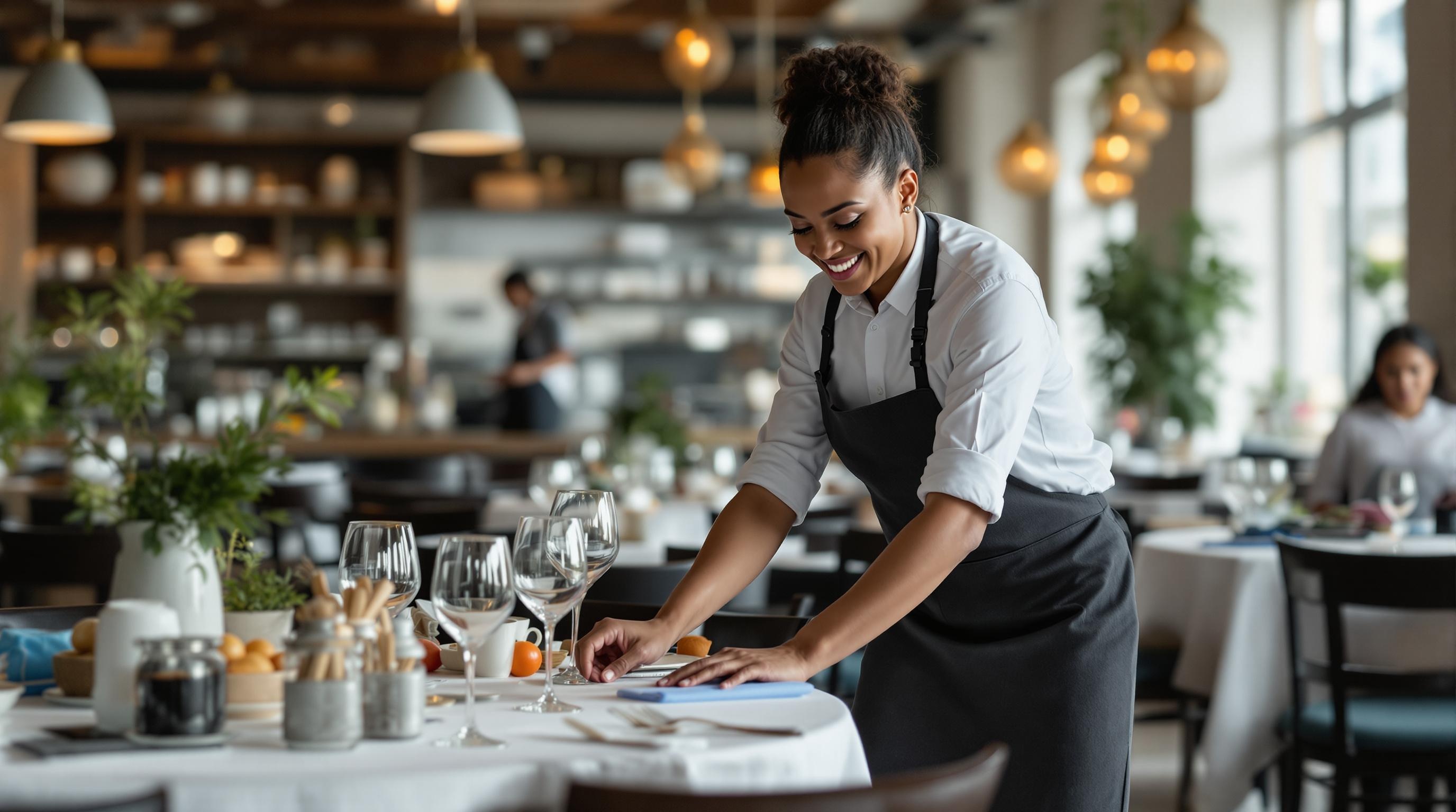 A busser quickly resetting a table in a bustling dining room, with plates and glasses neatly arranged.