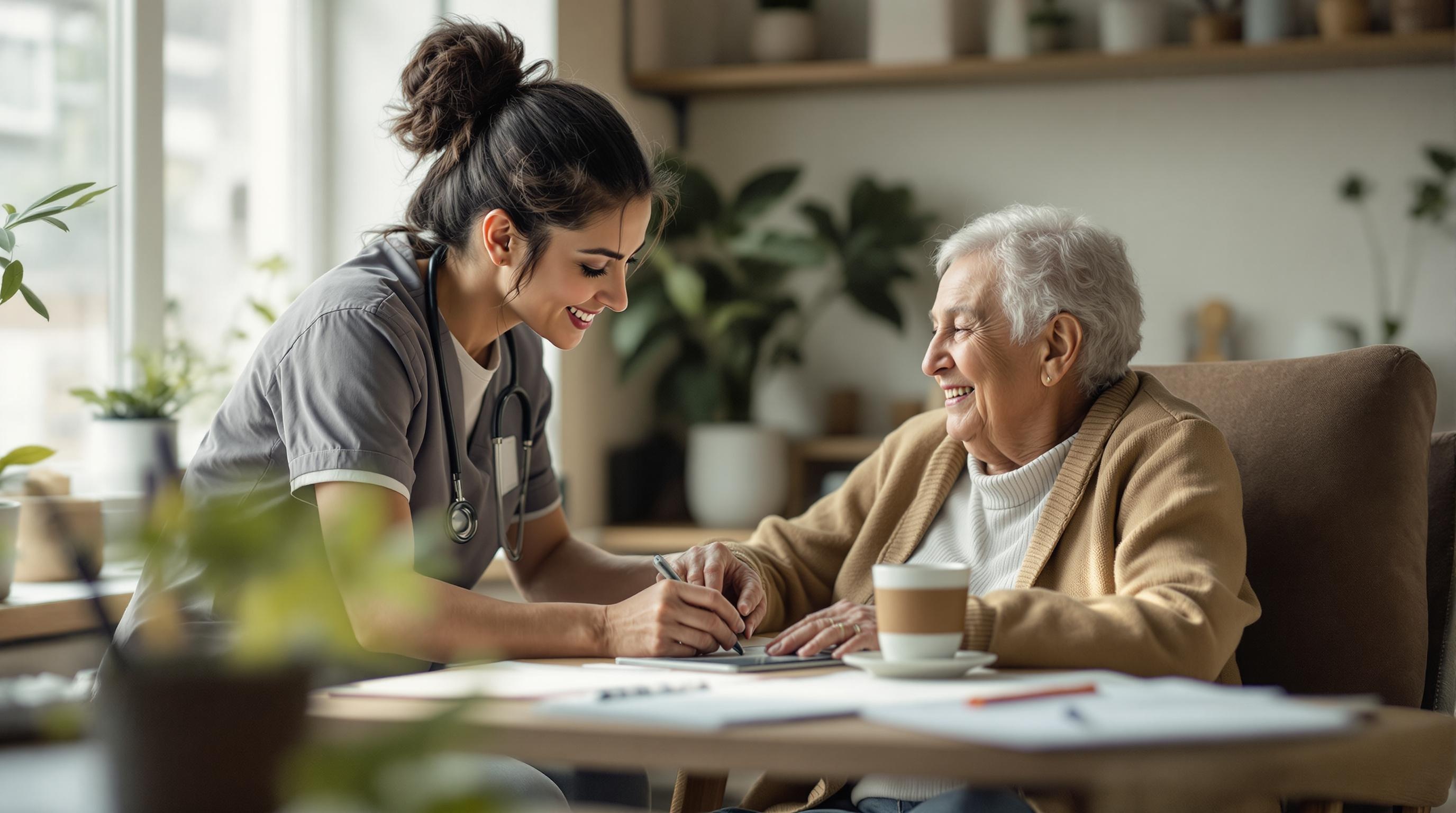 Caregiver Assisting Senior with Personal Care at Home A caregiver is assisting a senior man with personal care in a home setting. The woman is gently helping the man stand up from a chair, showcasing a genuine and caring moment.