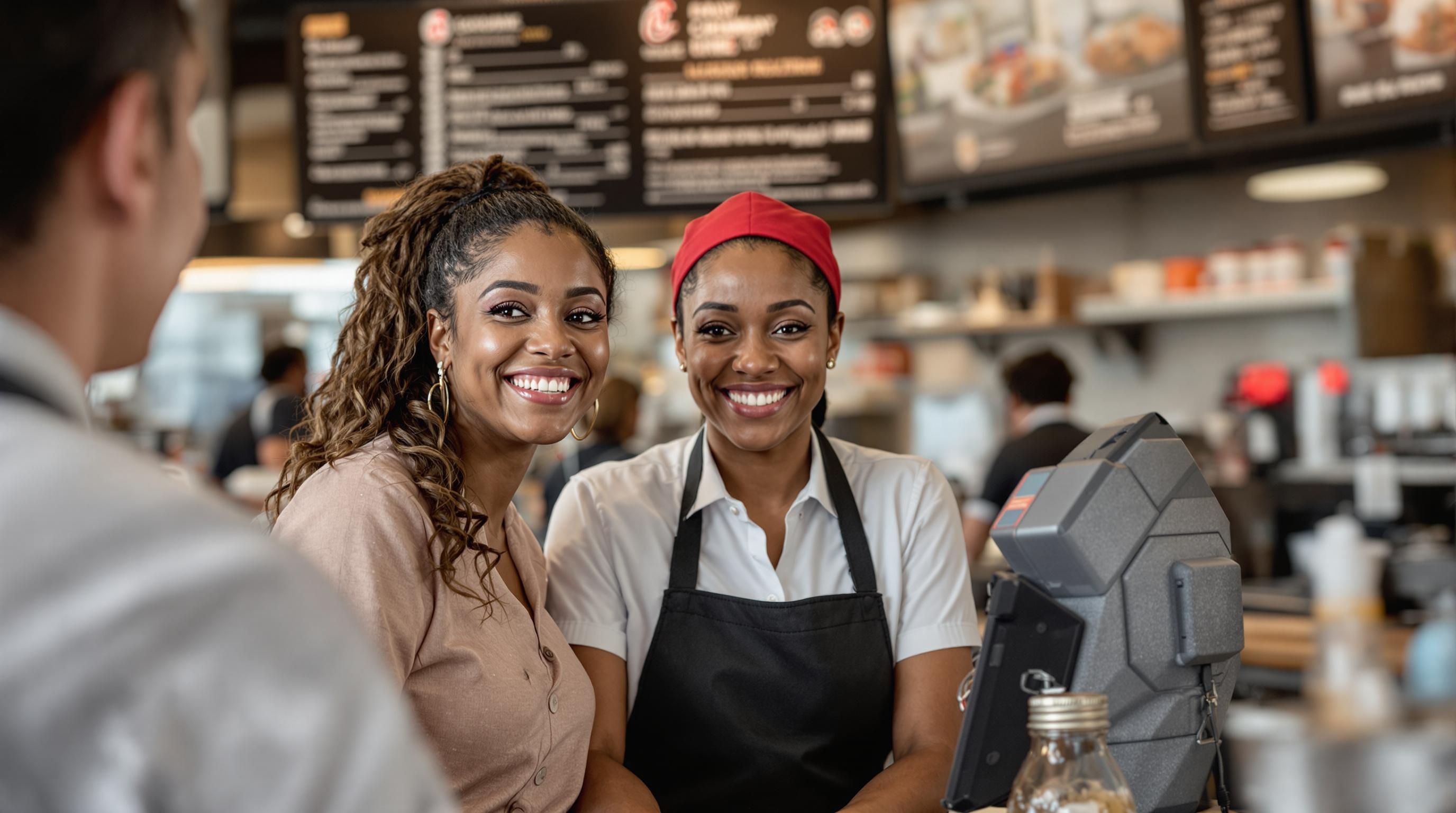 A group of diverse Chick-fil-A team members smiling and interacting with customers at the counter in a warm and welcoming atmosphere.