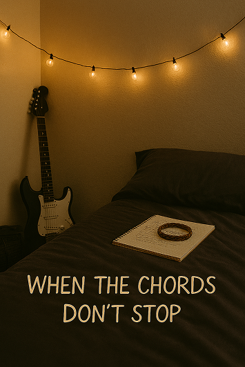 Warm lit bedroom corner with string lights glowing above a bed, a guitar leaning against the wall, and a notebook with handwritten lyrics and a bracelet resting on top. The words "WHEN THE CHORDS DON'T STOP" appear across the bed, reflecting a student songwriting moment tied to career discovery through music.