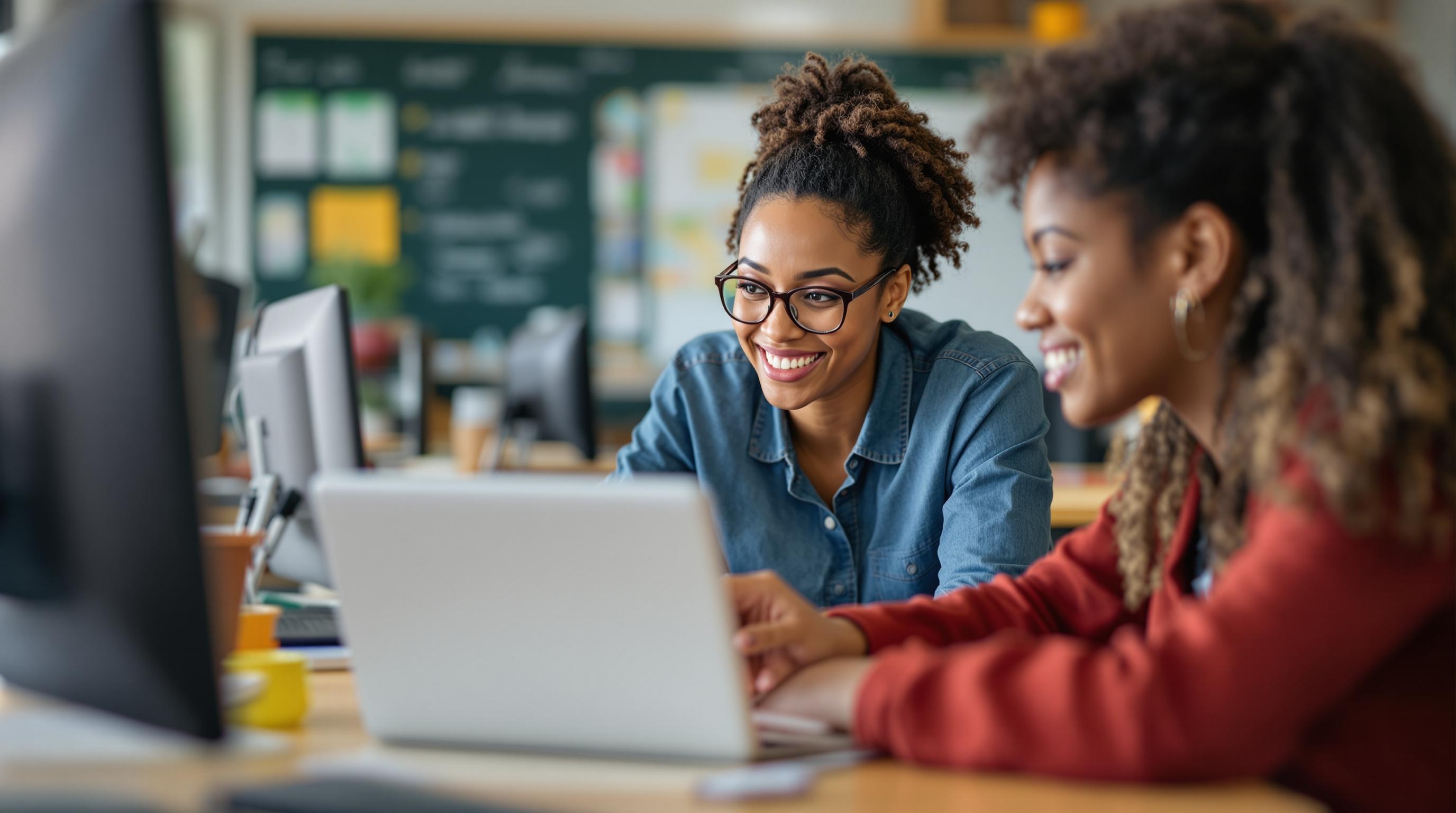 A paraprofessional guiding a diverse group of students in a classroom setting