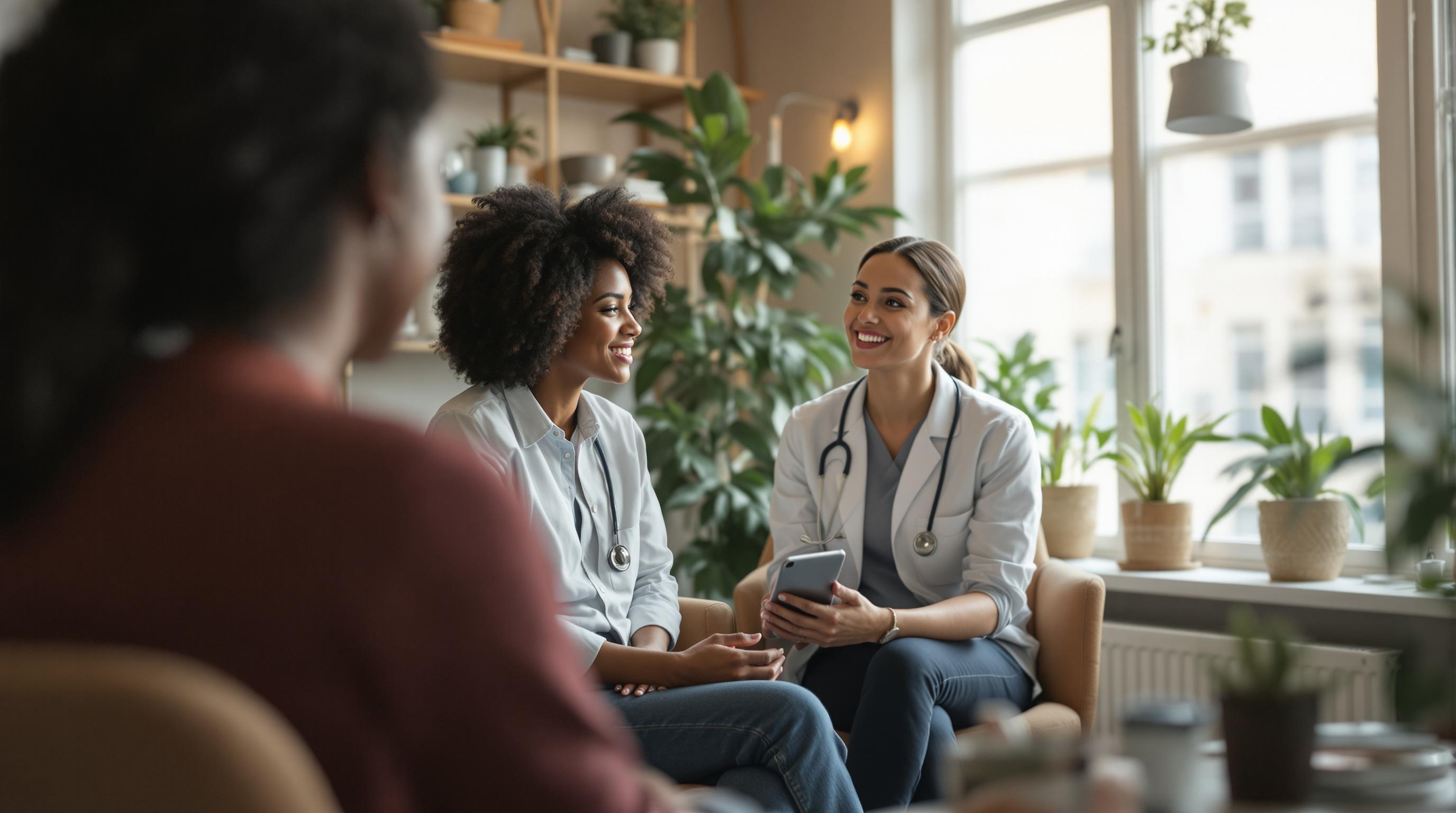 A clinical social worker sitting across from a patient in a cozy therapy office, engaged in a conversation.