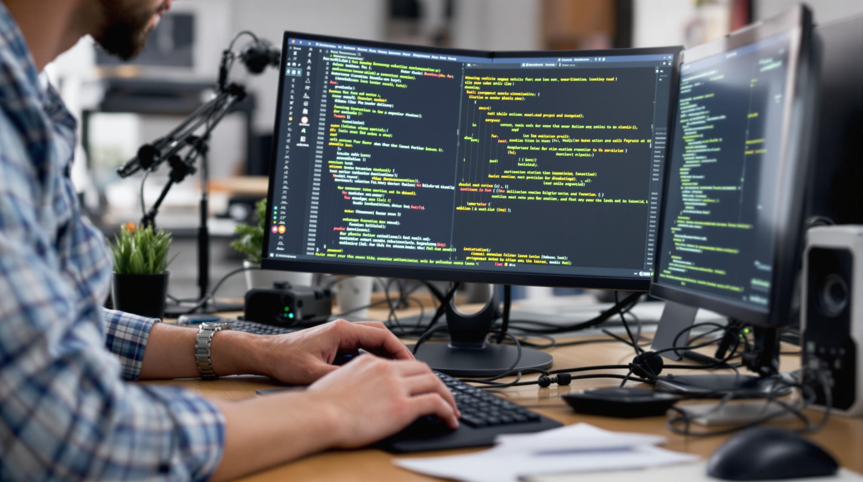 A software engineer working at a desk, typing code on a computer screen.