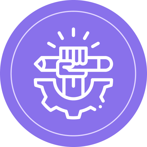 Purple circular icon showing a hand gripping a pencil over a gear symbol, representing creative careers and hands on work in music career exploration.