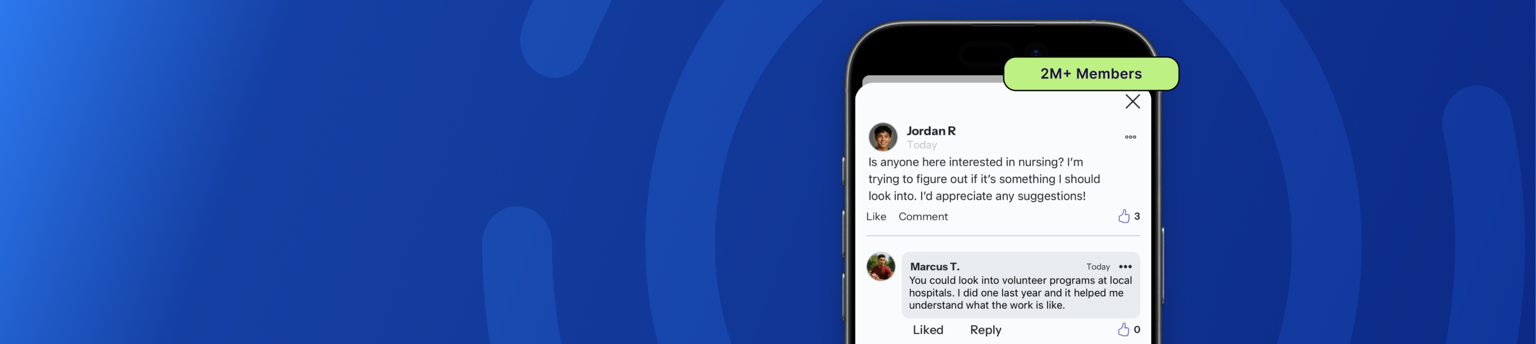 Smartphone screen displaying a conversation between two users about pursuing a nursing career, over a blue gradient background with circular graphics. A green badge above the phone reads u00222M+ Members,u0022 suggesting a large and active online community.