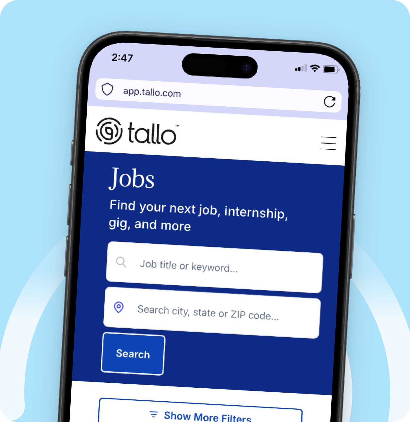 Mobile phone screen displaying Tallo’s job search page with fields to enter job title and location.