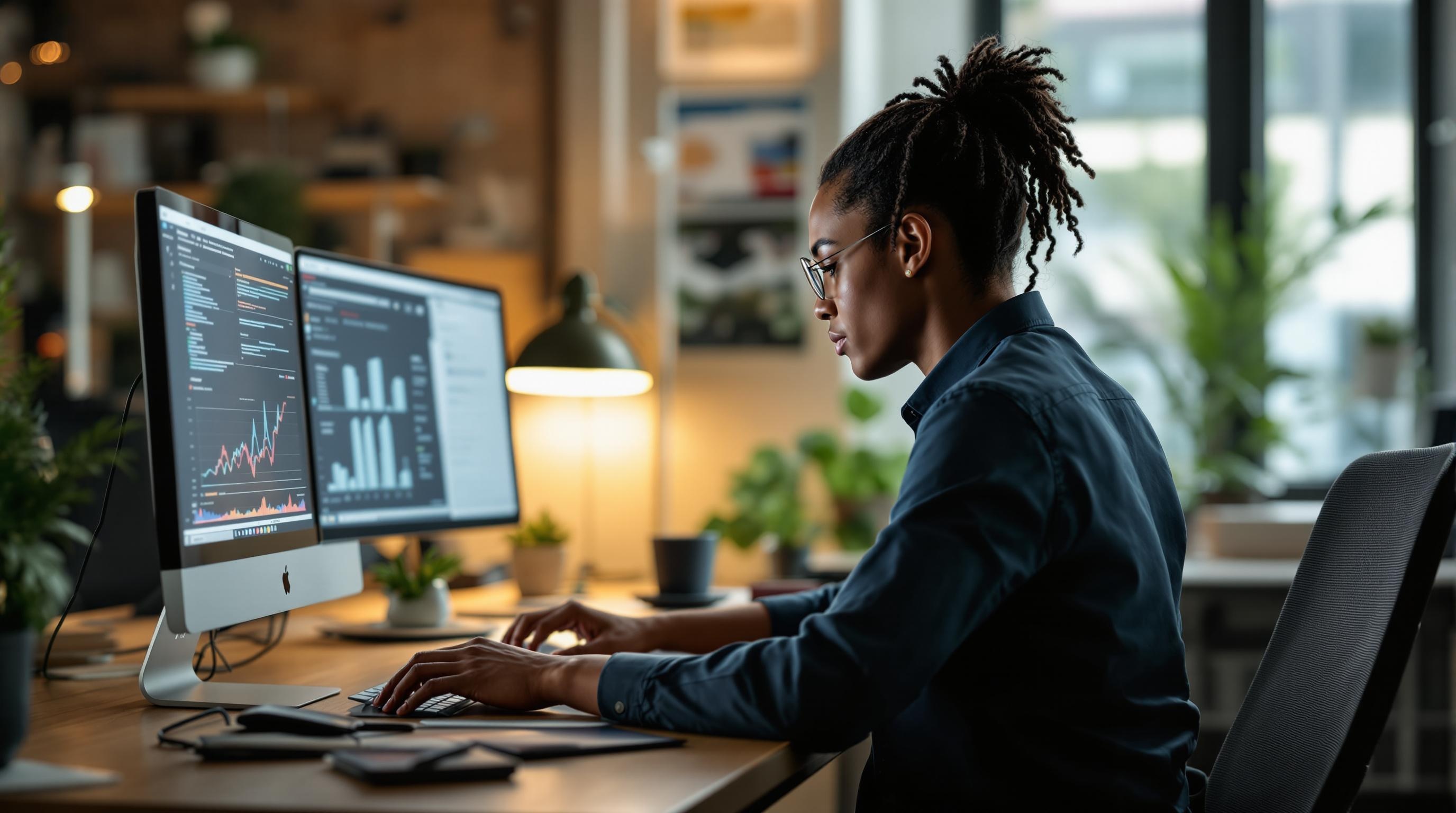 Data and Cybersecurity Manager focused on their work at a desk, surrounded by computer screens and security tools.
