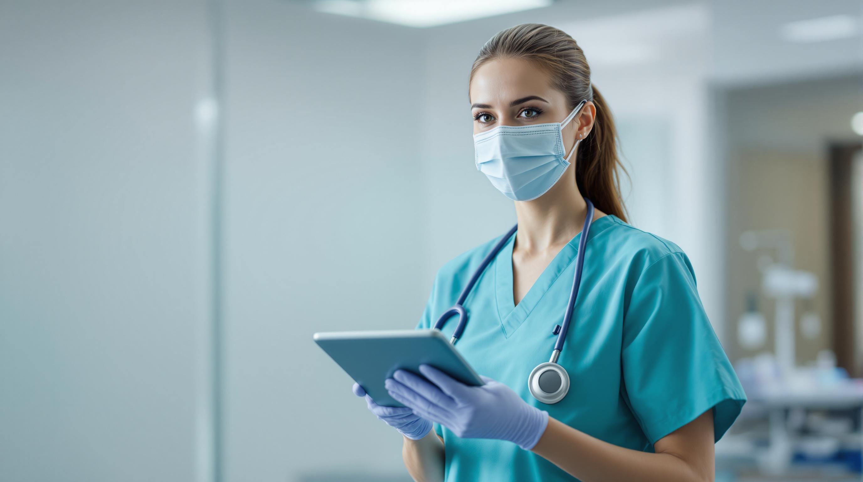 A nurse in a hospital setting, wearing scrubs and a stethoscope, caring for a patient.