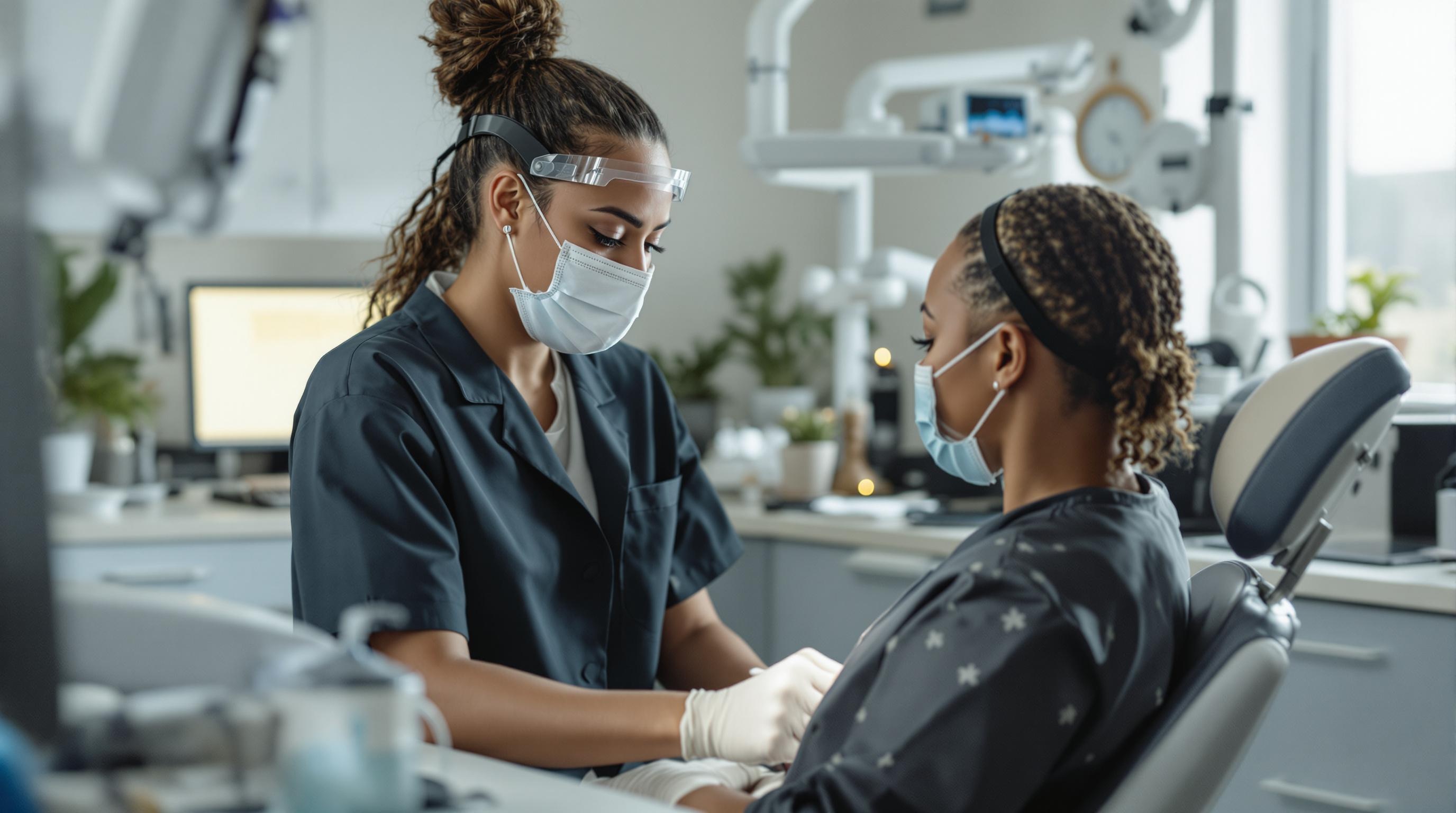 An authentic and candid photo of a dentist working in their office, showcasing a diverse individual in their workplace.